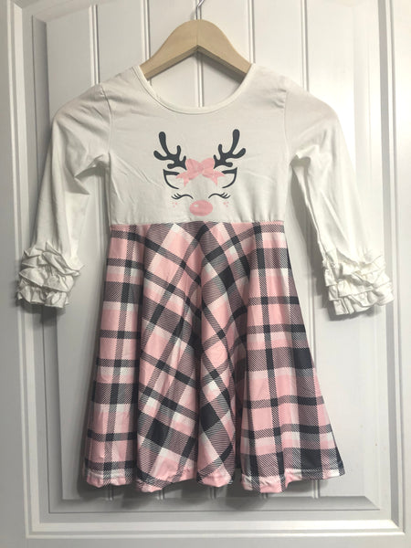 Girls Pink Plaid Reindeer Dress