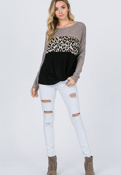 Color Block Animal Print Knotted Top