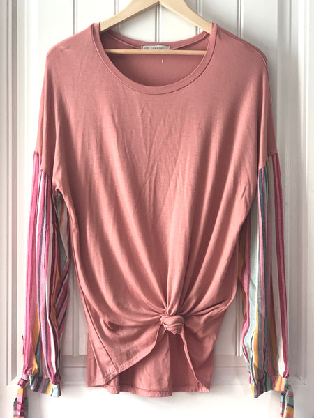 Coral Top with Striped Tie End Sleeves