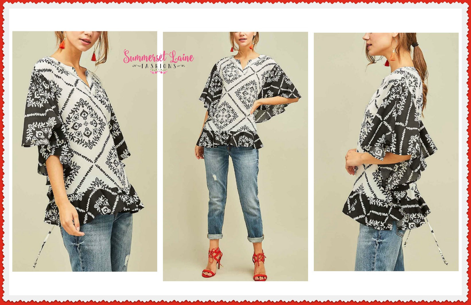 Paisley Print Top with Contrast Color Sleeves and Hem