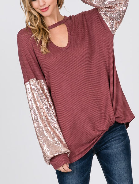 Knotted Keyhole Waffle Top with Glittery Puff Sleeves